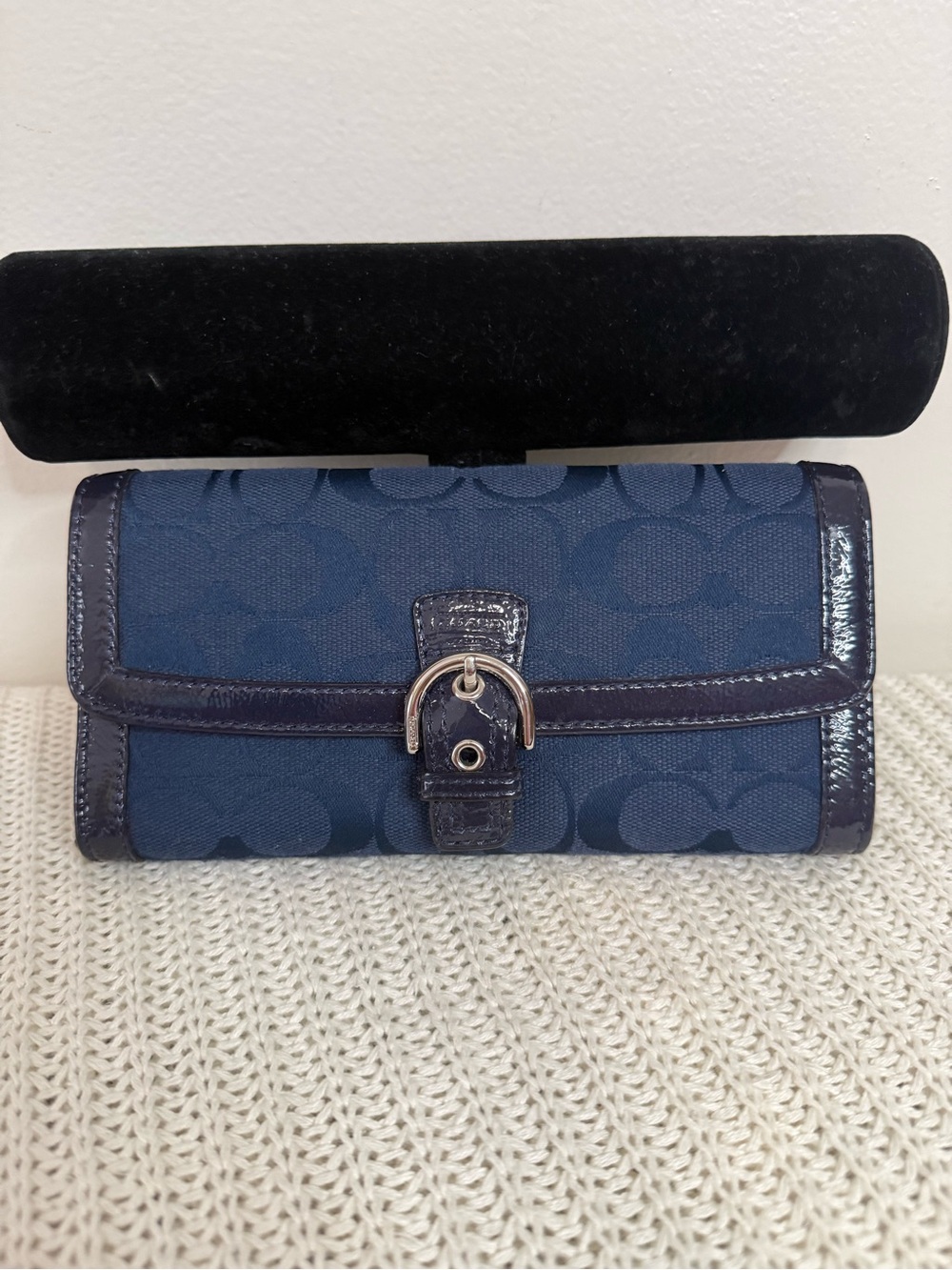 Coach SOHO Navy Signature Jacquard Trifold Wallet with patent leather trim
